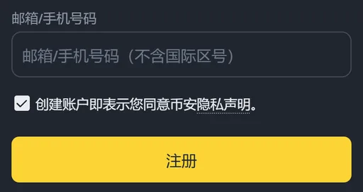 币安注册页的输入区：邮箱/手机号码输入框、已勾选的隐私声明和黄色【注册】按钮